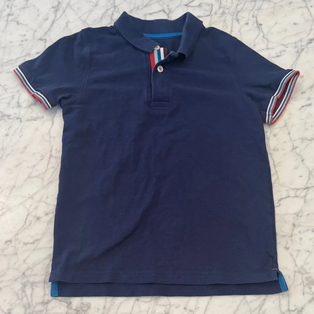 Boden Sz 9/10 Navy Blue Kids Polo Shirt with Striped Accents
